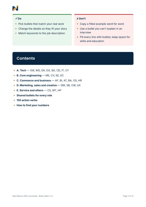 Resume bullet bank page with ready lines